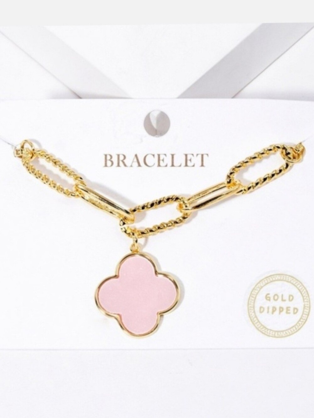 Gold Dipped Pink Quatrefoil Clover Pendant Paperclip Chain Bracelet - 7"